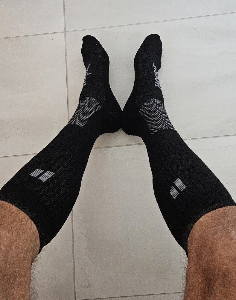 Hollow compression socks worn by a customer